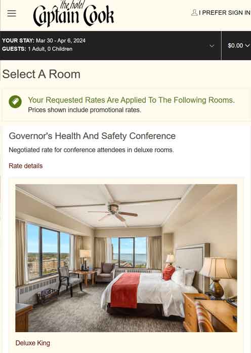 The Hotel Captain Cook website reservations page screenshot